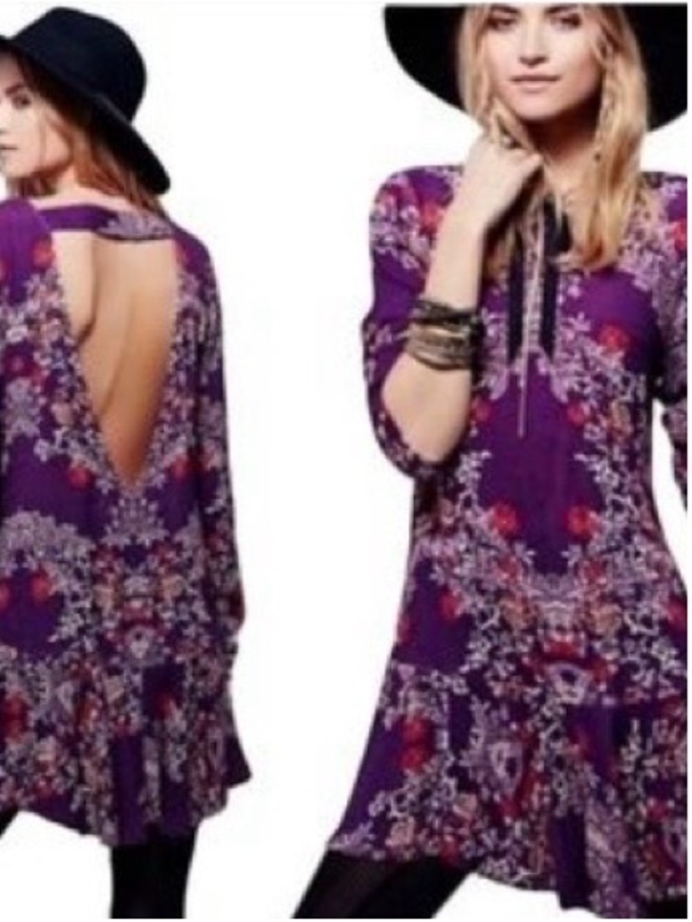 Free People Boho Open Back Purple Floral Dress, S